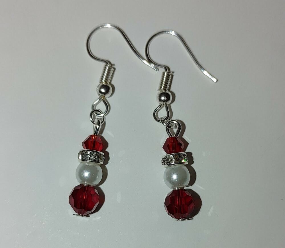 Handmade Santa-Inspired Red Bead & Faux Pearl Christmas Dangle Earrings #C59